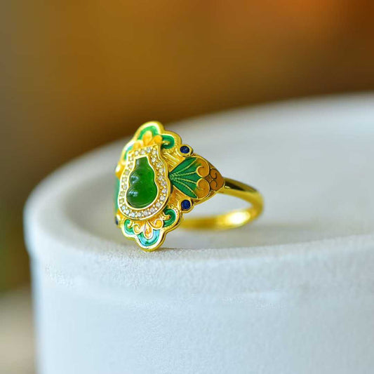 925 Silver Inlaid Hetian Nephrite Gourd "Fortune & Blessing" Ring