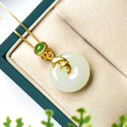 925 Silver Inlaid Hetian Nephrite "Dolphin & Peace Buckle" Pendant