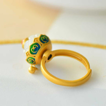 925 Silver Inlaid White Hetian Nephrite "Lotus for Fortune Turning" Ring