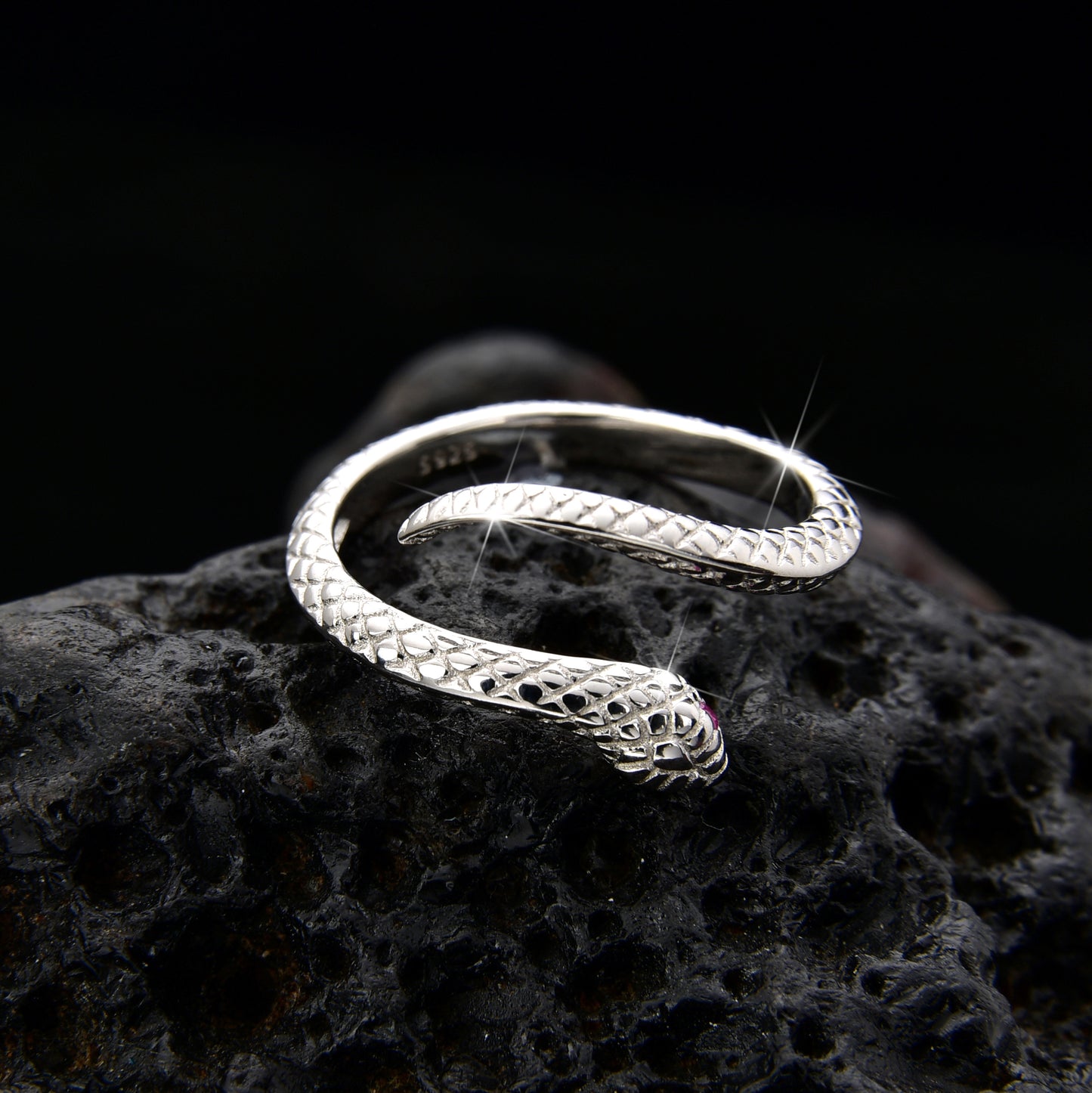 Pink Eye Stone Snake Couple Ring - jewelryweilin