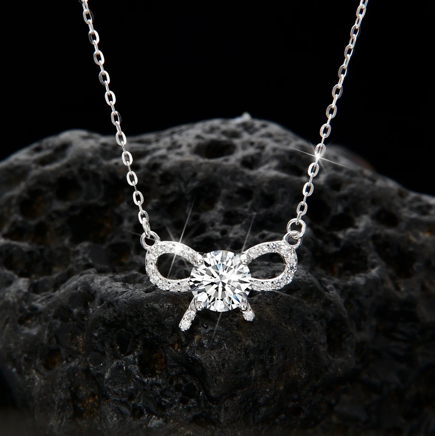 Double layer design cubic zirconia bow necklace - jewelryweilin