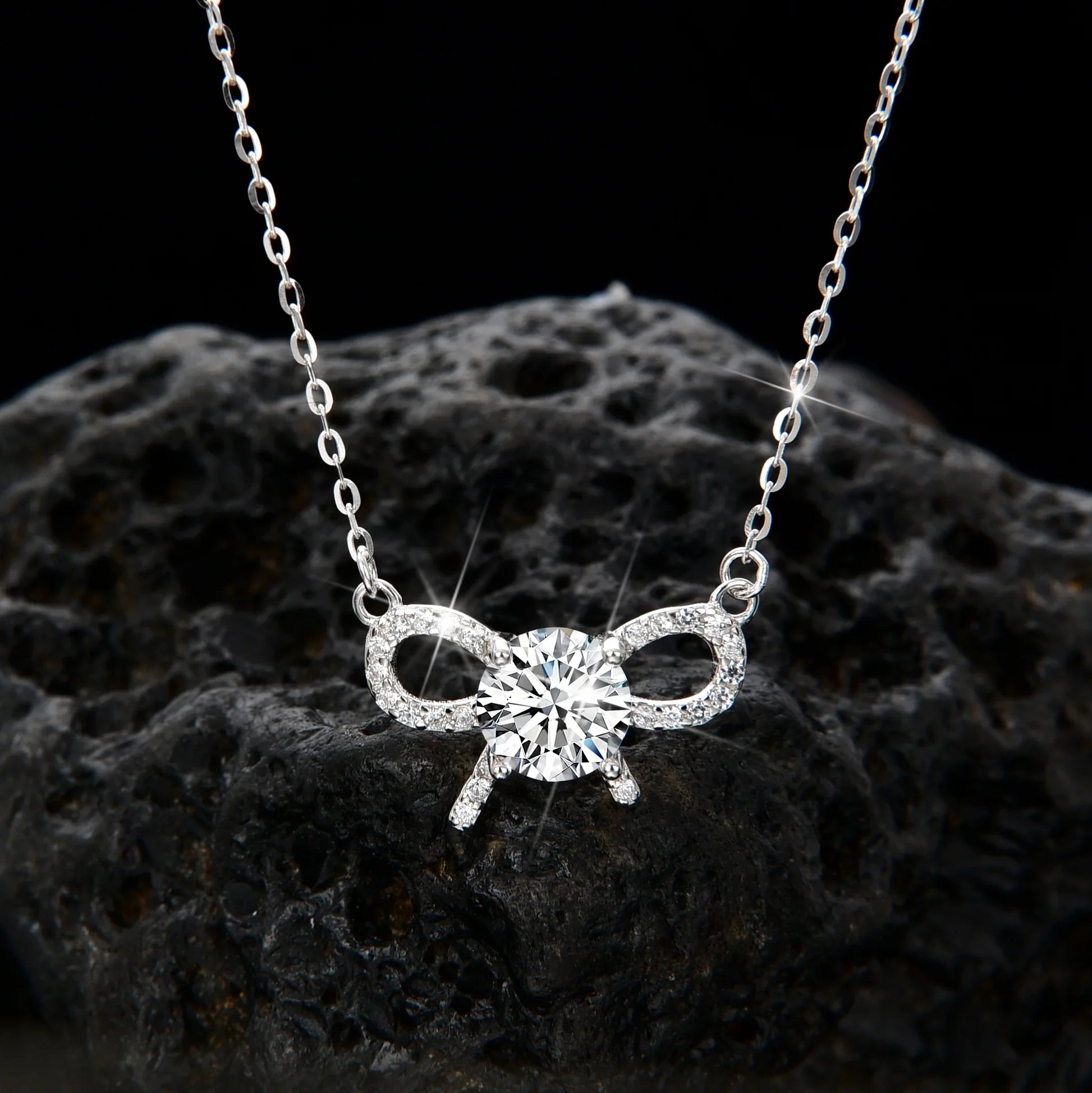 Double layer design cubic zirconia bow necklace - jewelryweilin