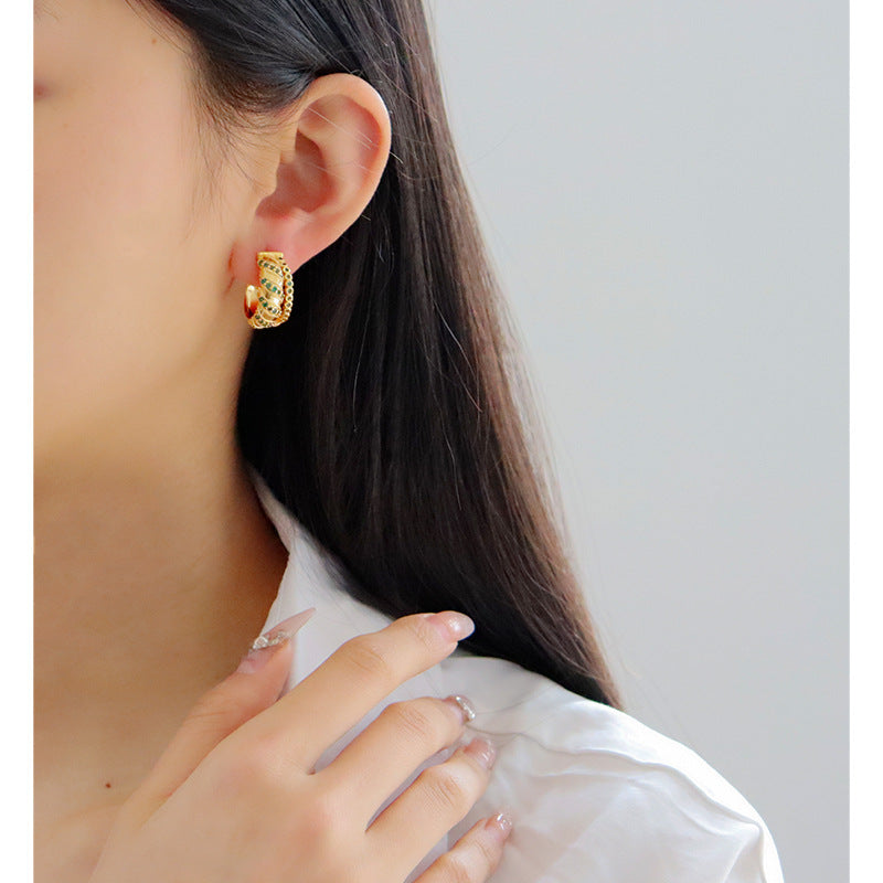 High-grade retro green zircon c-shaped earrings - jewelryweilin