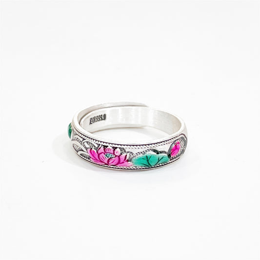 Enamel bamboo leaf and peach flower sterling silver ring