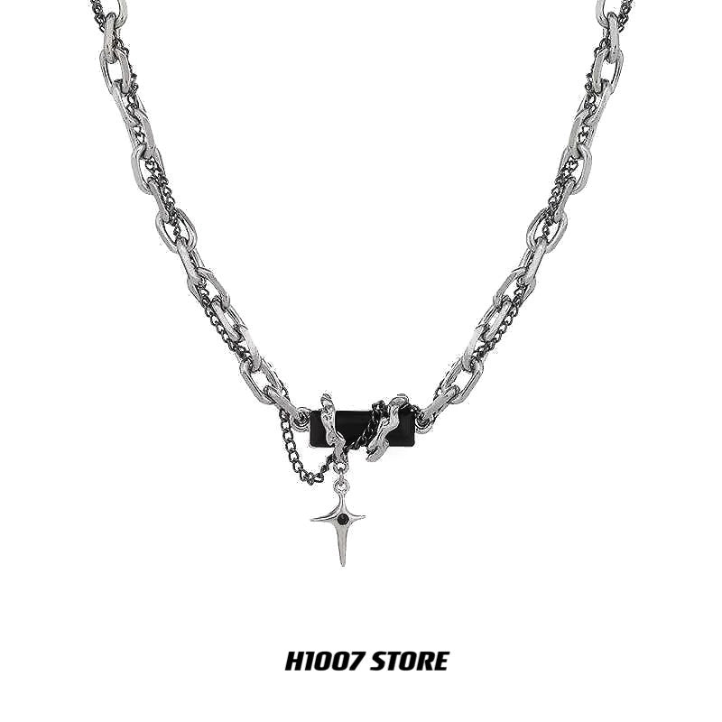 Hip Hop Black Gem Double Layer Clavicle Chain Necklace