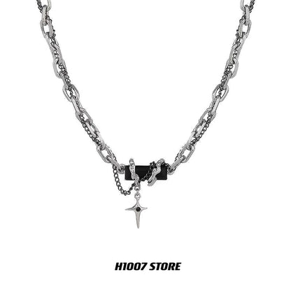 Hip Hop Black Gem Double Layer Clavicle Chain Necklace