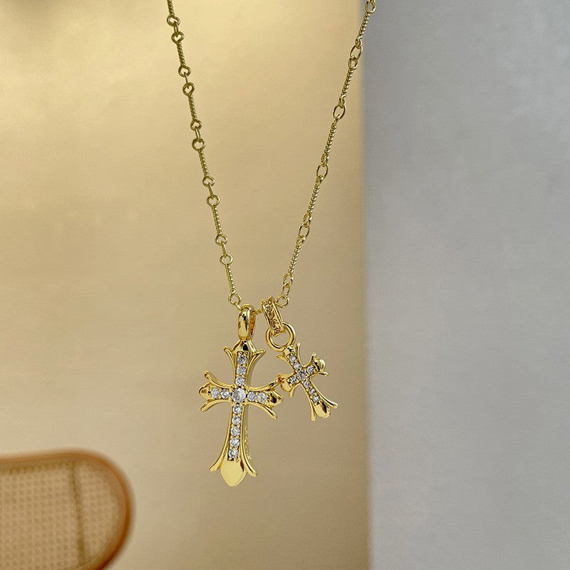Simple personality retro zircon double cross women's necklace - jewelryweilin