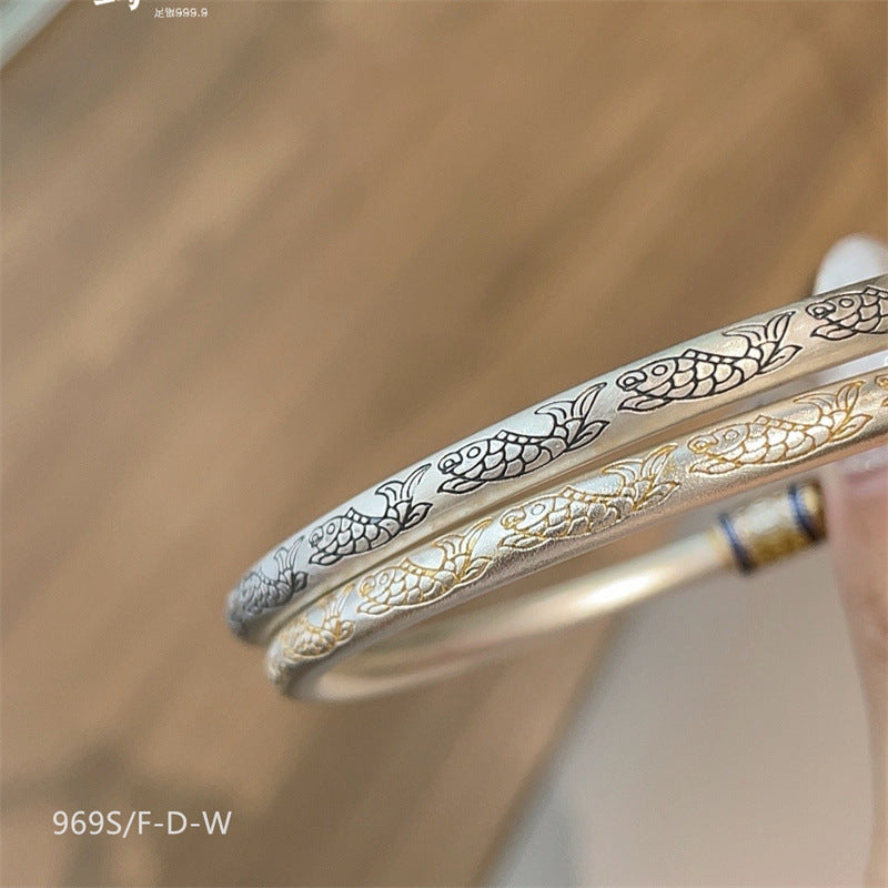 Chinese enamel pattern round stick sterling silver bracelet - jewelryweilin