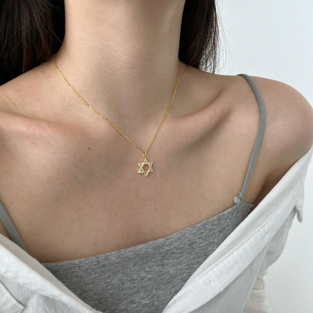 Fashionable and exquisite personality zircon six-pointed star pendant necklace - jewelryweilin