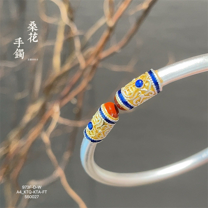 Chinese enamel pattern round stick sterling silver bracelet - jewelryweilin