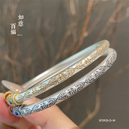 Chinese enamel pattern round stick sterling silver bracelet - jewelryweilin