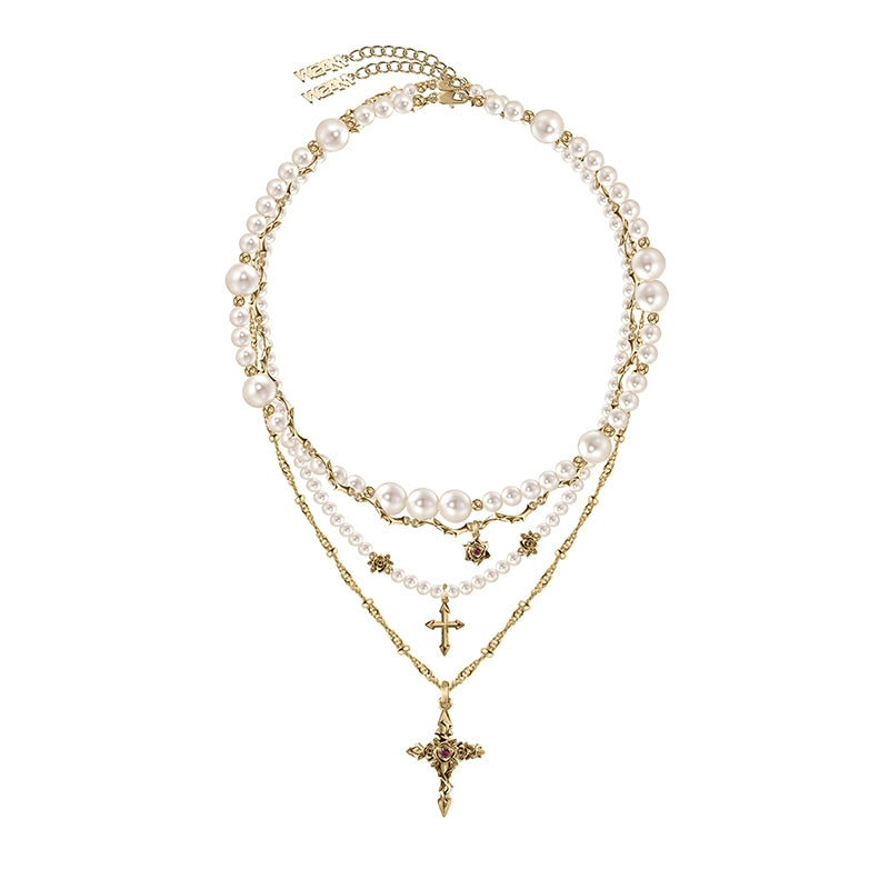 Baroque pearl cross necklace with layered chains