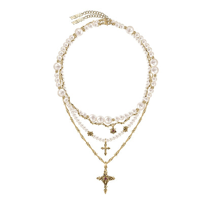 Baroque pearl cross necklace with layered chains