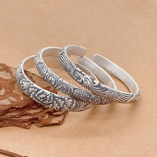 Chinese Phoenix Flower Sterling Silver Bracelet