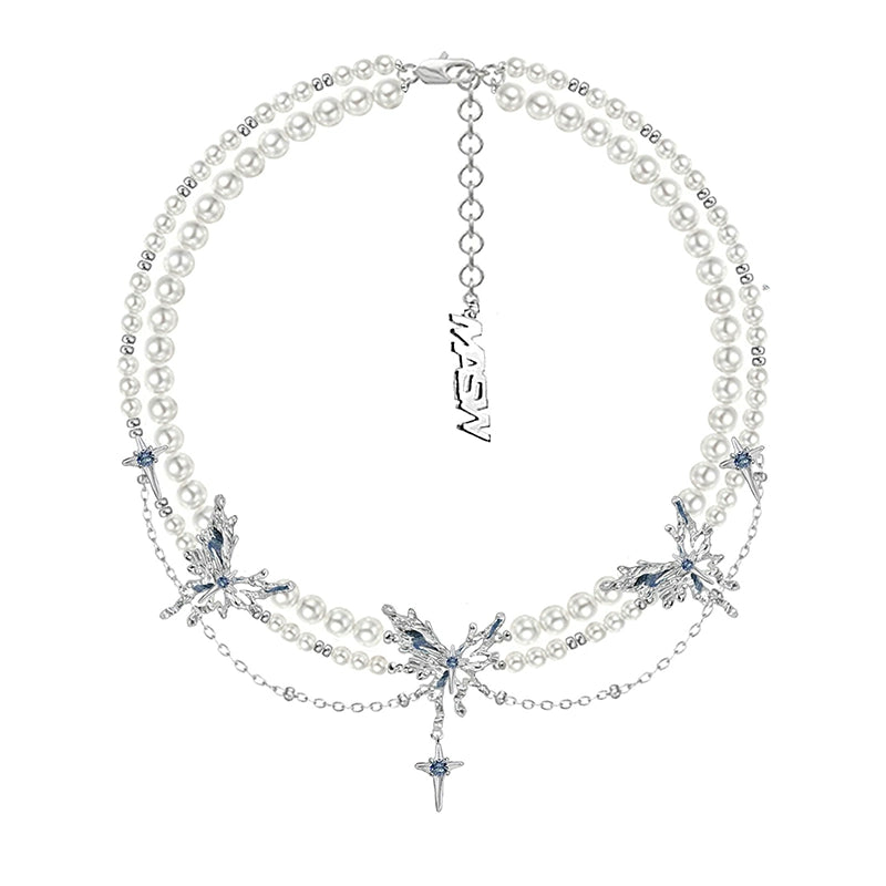 Blue pearl butterfly long pendant necklace