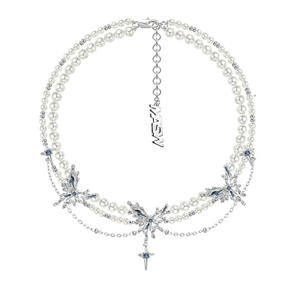 Blue pearl butterfly long pendant necklace