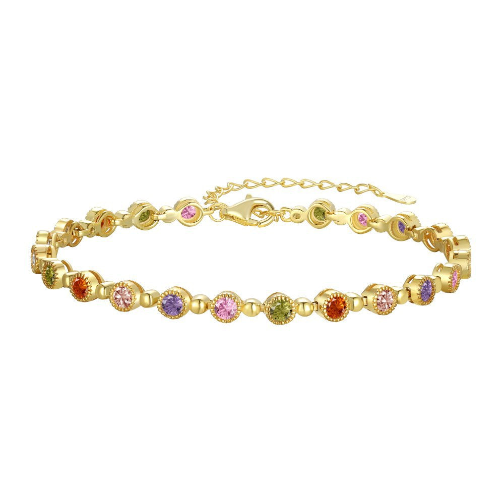 High-grade colorful zircon round bead chain tennis bracelet - jewelryweilin
