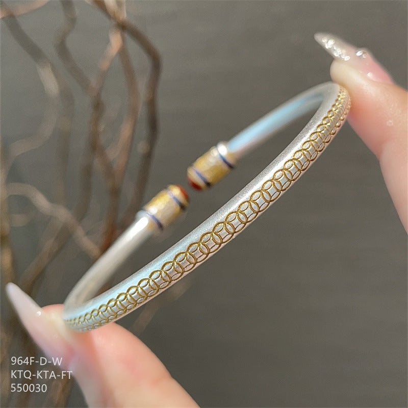 Chinese enamel pattern round stick sterling silver bracelet - jewelryweilin