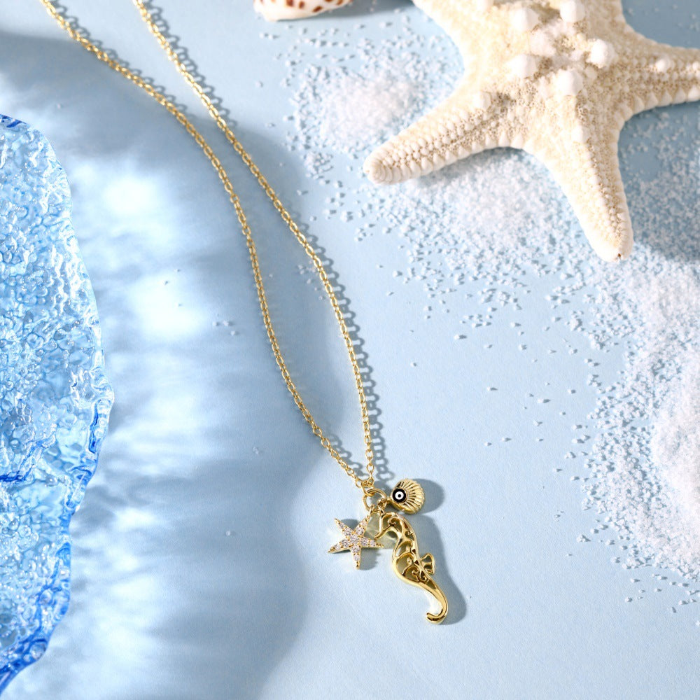 Women's simple high-end zircon star shell necklace - jewelryweilin