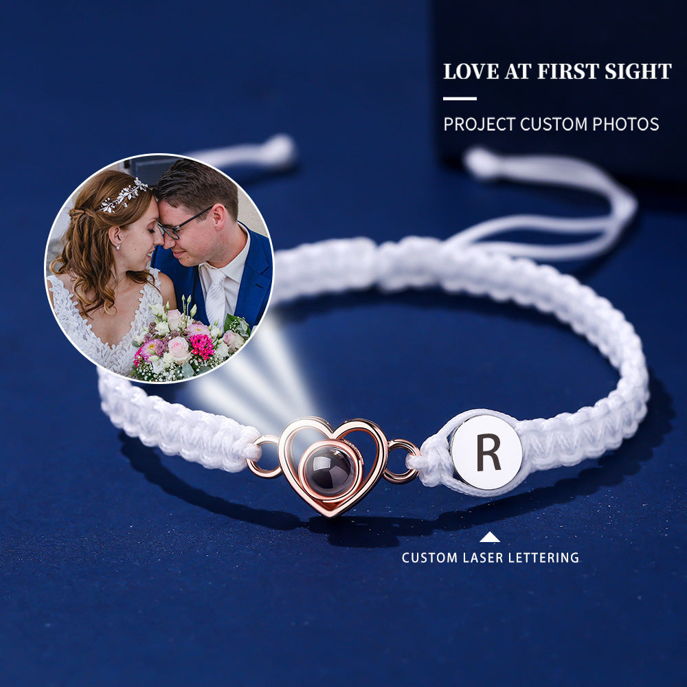 Color photo projection heart engraved braided rope bracelet
