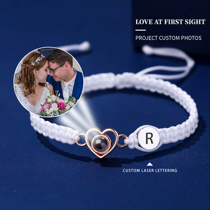 Color photo projection heart engraved braided rope bracelet