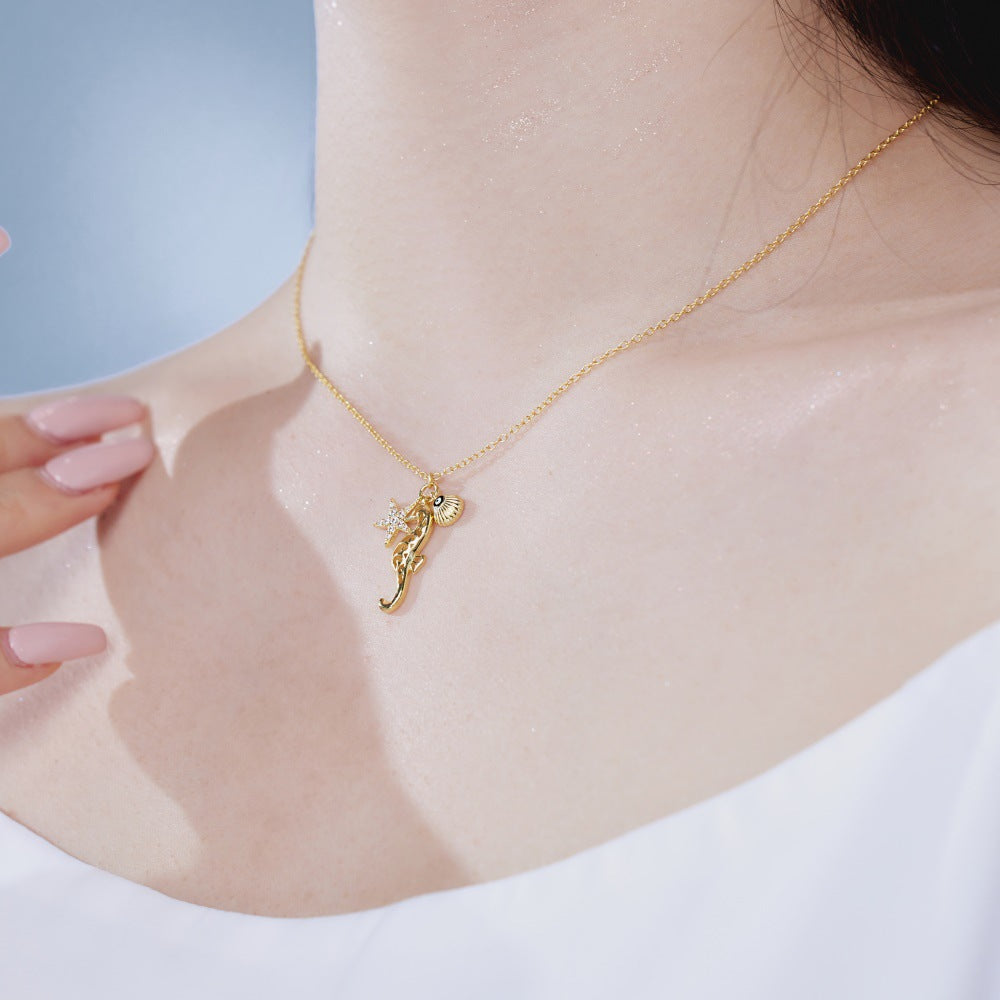 Women's simple high-end zircon star shell necklace - jewelryweilin