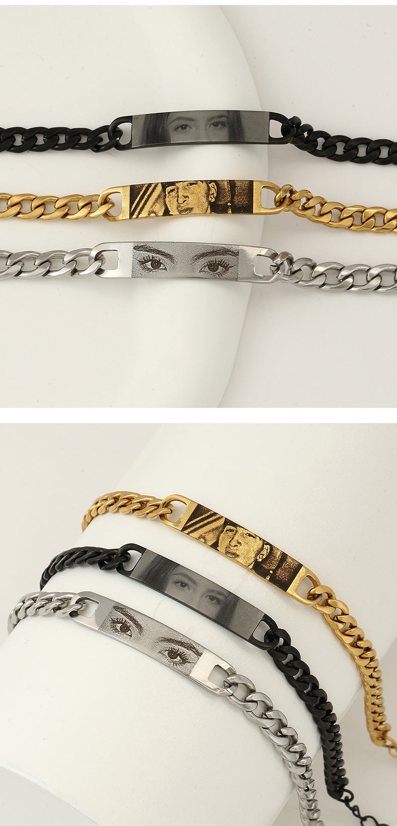 Engraved text and image custom bracelet with eyes