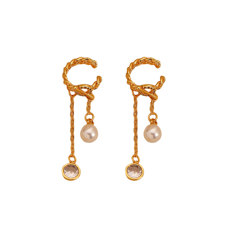 High-grade pearl ot buckle tassel ear bone clip non-pierced earrings - jewelryweilin