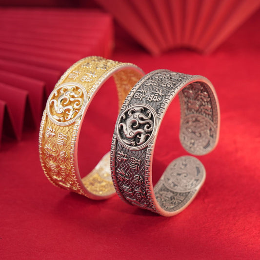 Chinese style blessing sterling silver bracelet - traditional pattern - WeiLin Jewelry
