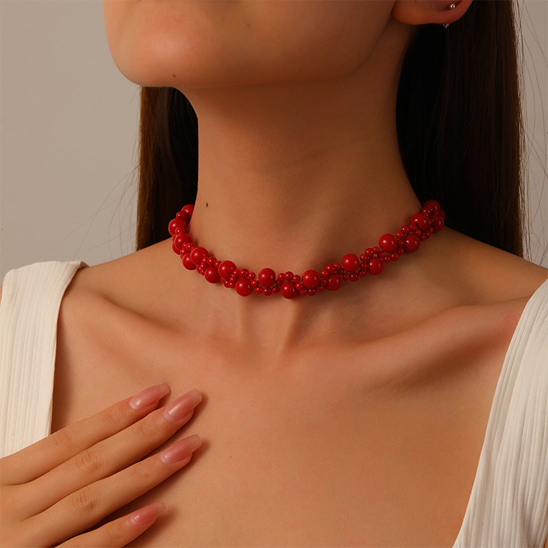 Chinese style retro double layer twisted red beaded necklace - jewelryweilin