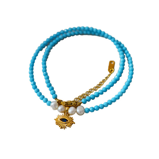 Ladies Vintage Evil Eye Natural Stone Pearl Necklace - jewelryweilin