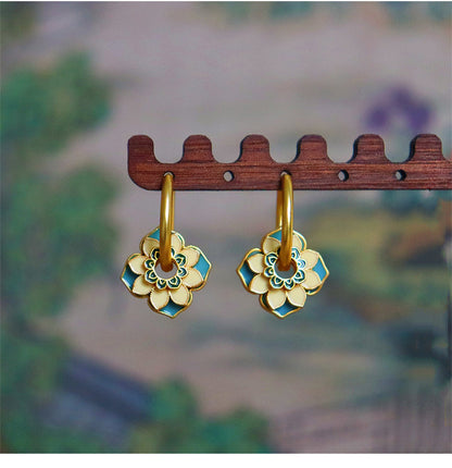 Oriental Ancient Style Oil Drop Enamel Summer Flower Earrings - jewelryweilin