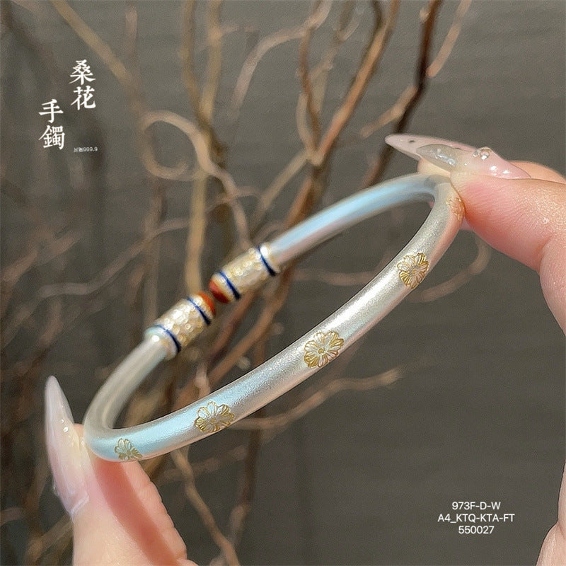 Chinese enamel pattern round stick sterling silver bracelet - jewelryweilin