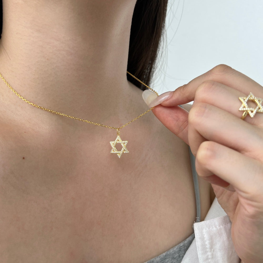 Fashionable and exquisite personality zircon six-pointed star pendant necklace - jewelryweilin