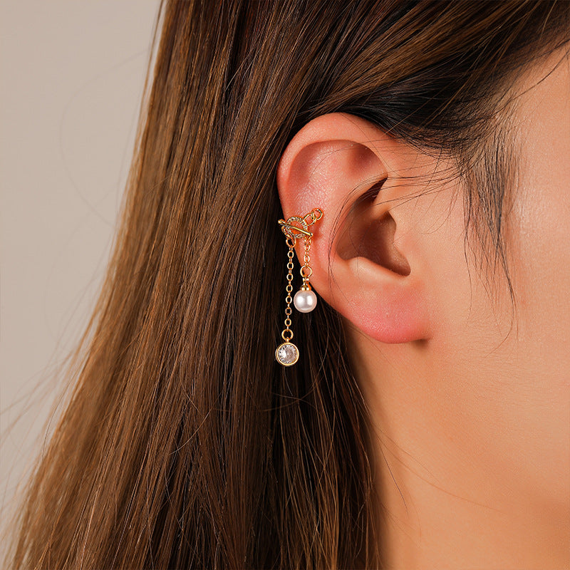 High-grade pearl ot buckle tassel ear bone clip non-pierced earrings - jewelryweilin