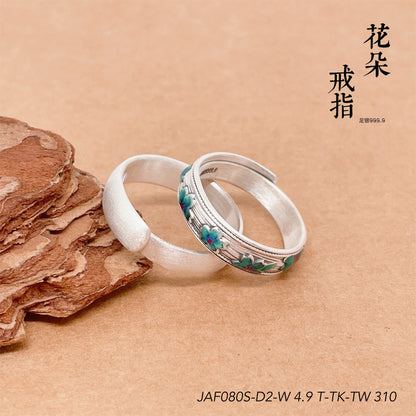 Enamel bamboo leaf and peach flower sterling silver ring