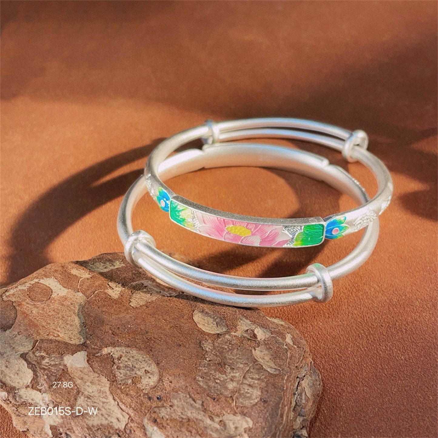 Ancient Peony Enamel Sterling Silver Bracelet