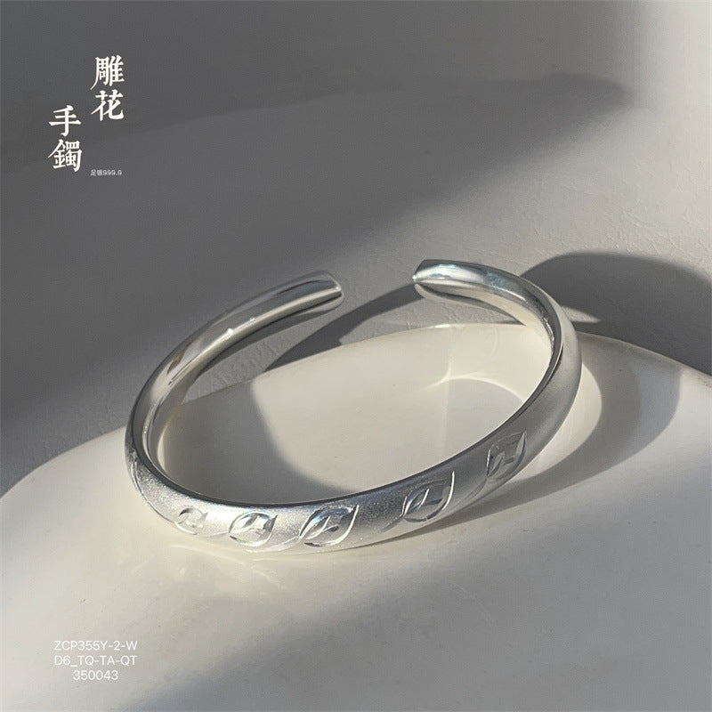 China Solid Sterling Silver Bamboo Leaf Open Bracelet - jewelryweilin