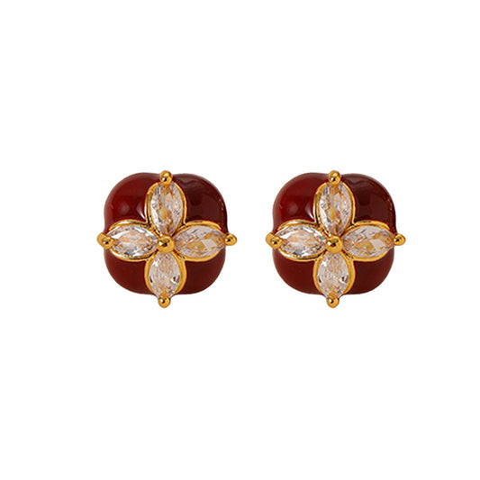 Elegant and noble retro four-leaf clover zircon red oil drop earrings - jewelryweilin