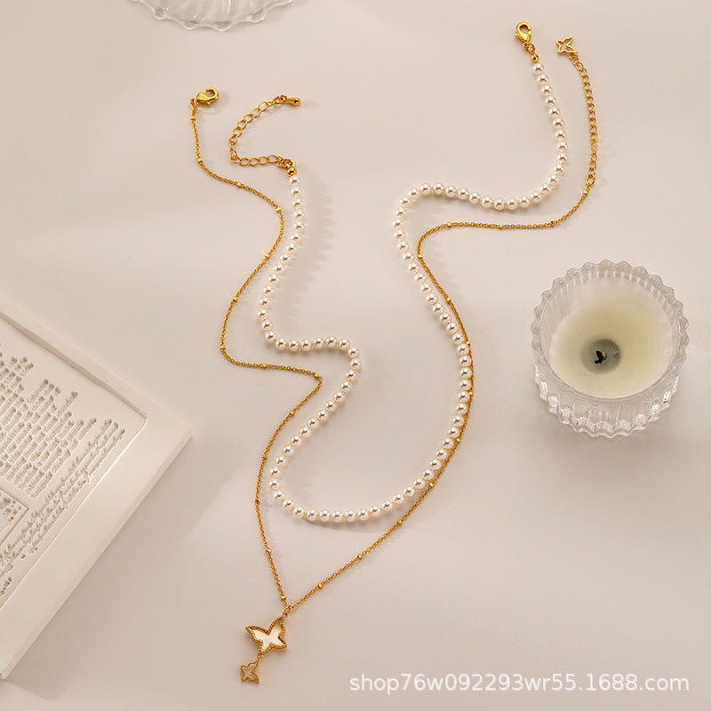 Ladies High-end Butterfly Mother-of-Pearl Stacking Necklace - jewelryweilin