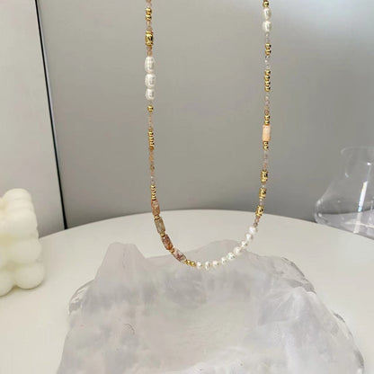 Simple colorful natural stone freshwater pearl beaded necklace for women - jewelryweilin