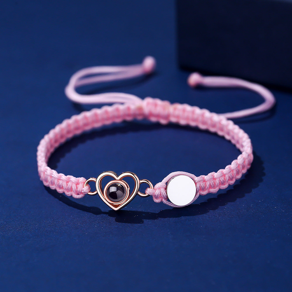 Color photo projection heart engraved braided rope bracelet
