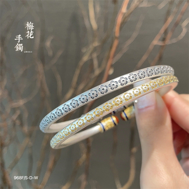 Chinese enamel pattern round stick sterling silver bracelet - jewelryweilin
