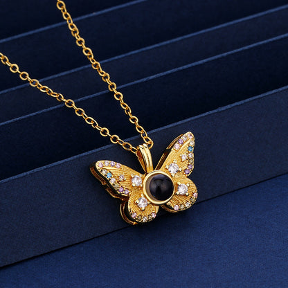 Photo projection colored diamond butterfly necklace