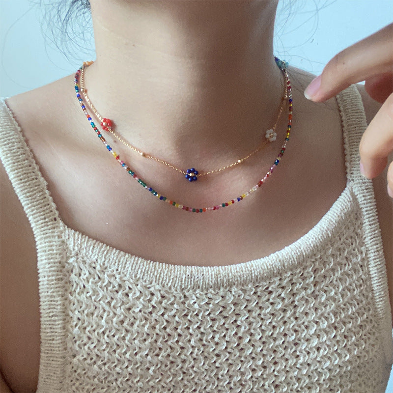 High-grade colorful zircon beaded flower stacking necklace - jewelryweilin