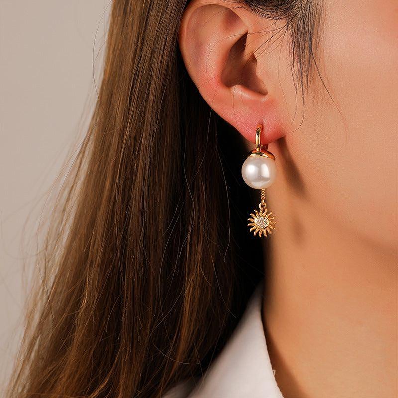 High-end sunflower pearl tassel retro earrings - jewelryweilin