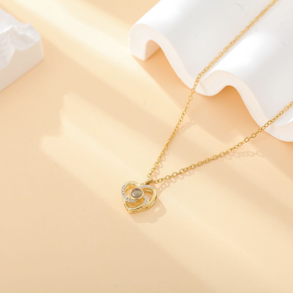 Side view of photo projection heart necklace - hidden photo inside
