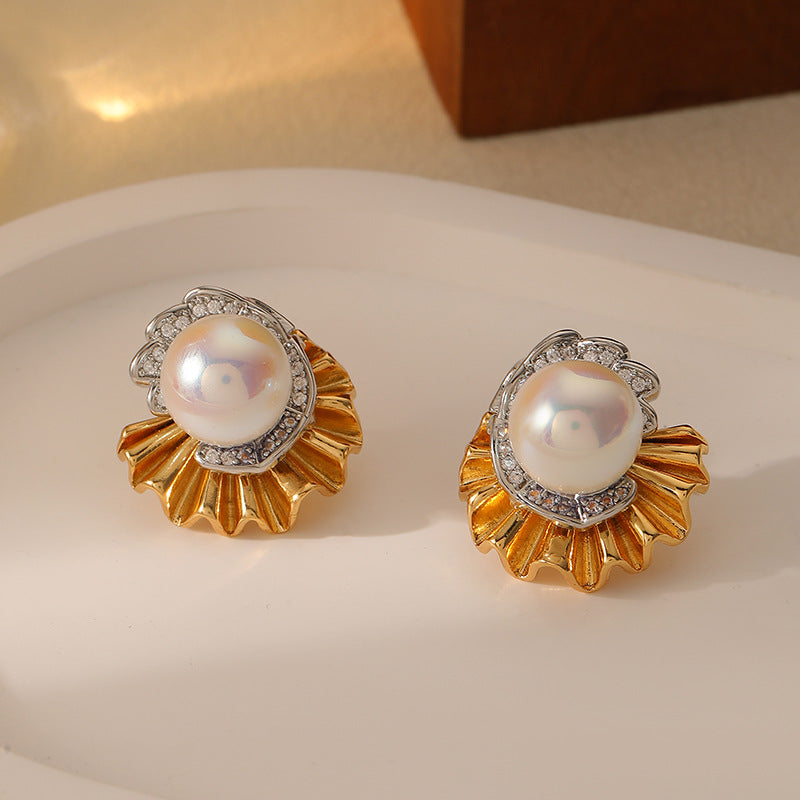Simple and elegant freshwater pearl zircon earrings - jewelryweilin