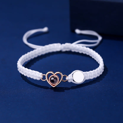 Color photo projection heart engraved braided rope bracelet
