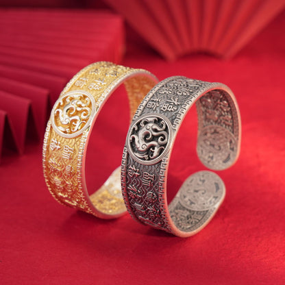 Elegant Chinese blessing pattern sterling silver bracelet - adjustable
